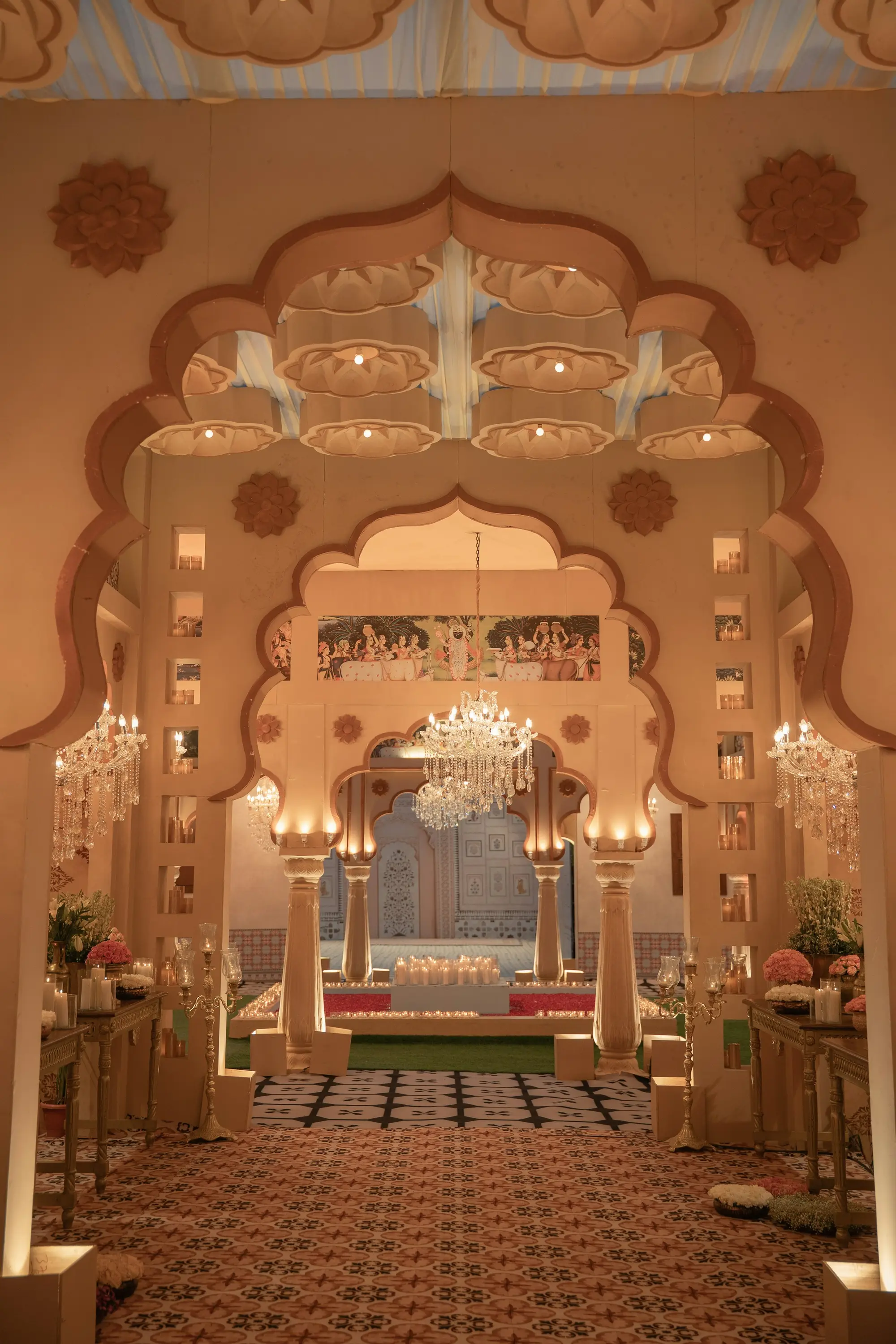 Rajasthani carved archways with crystal chandeliers