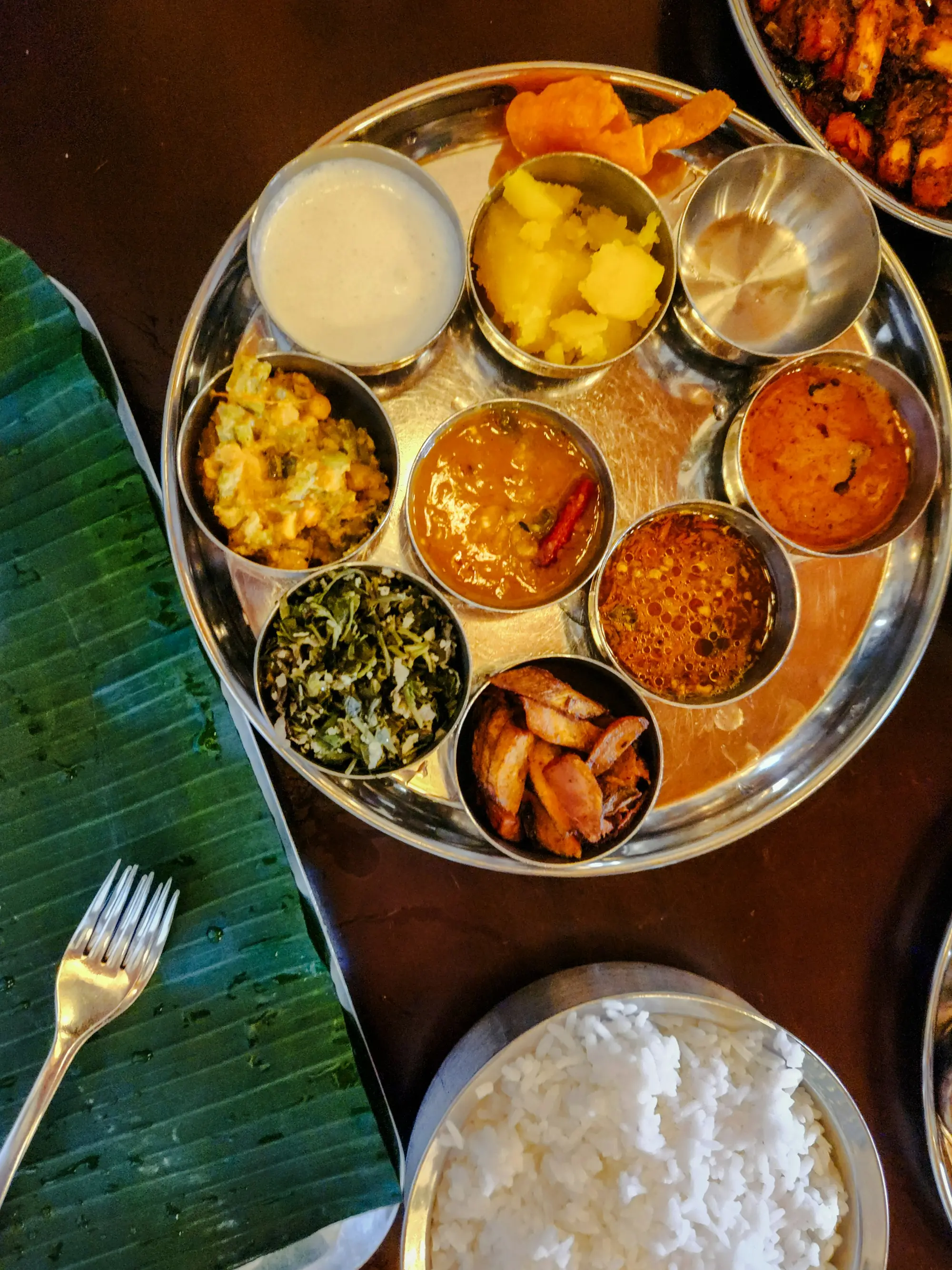 Traditional Indian thali on a banana leaf