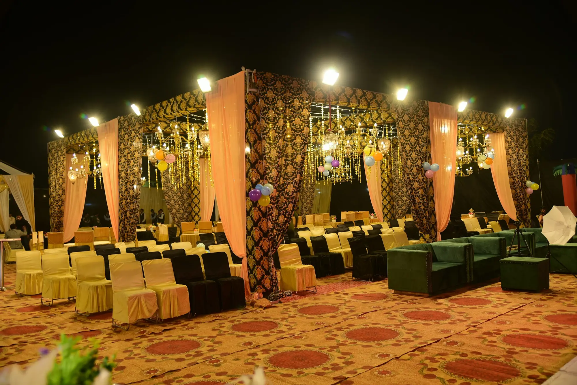 Banquet lounge set with drapes and fairy lights