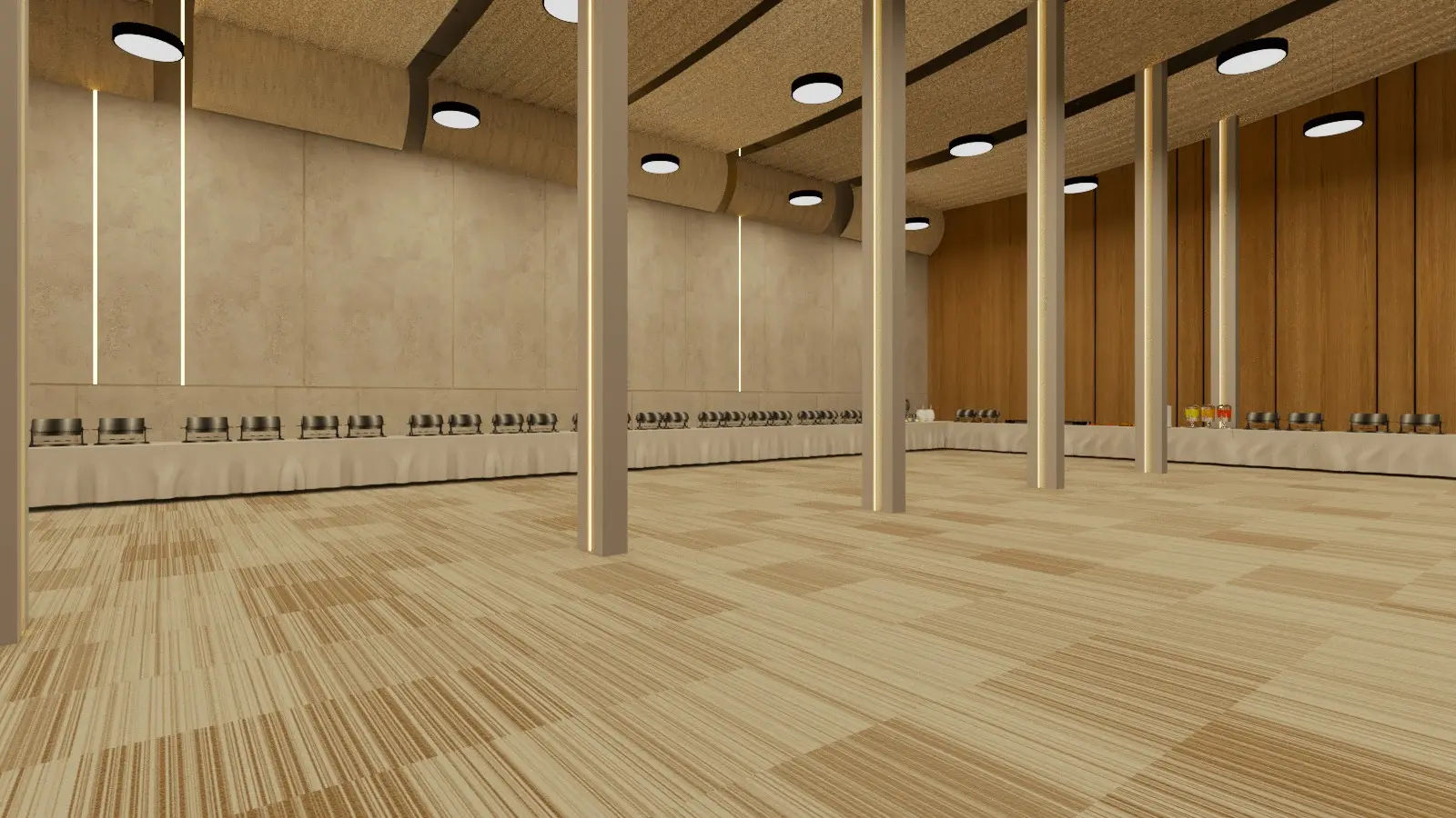 Pillar-less main hall of Sri Infinity Convention with warm wood panelling