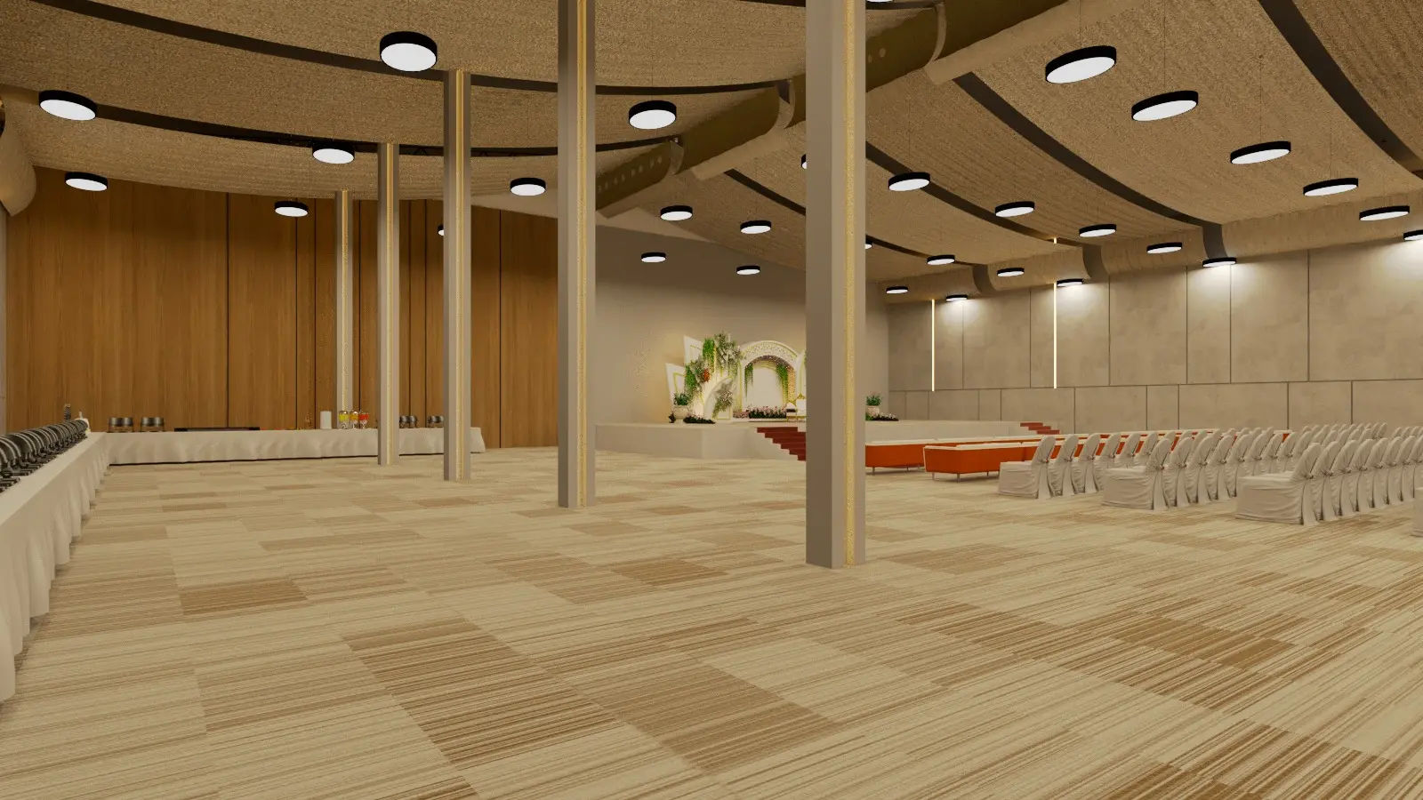 Spacious hall interior with buffet line and floral wedding stage