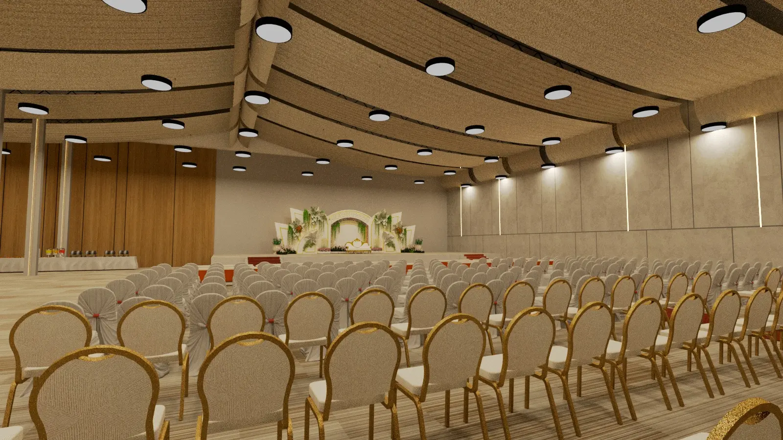 Banquet seating with gold chiavari chairs facing a floral stage