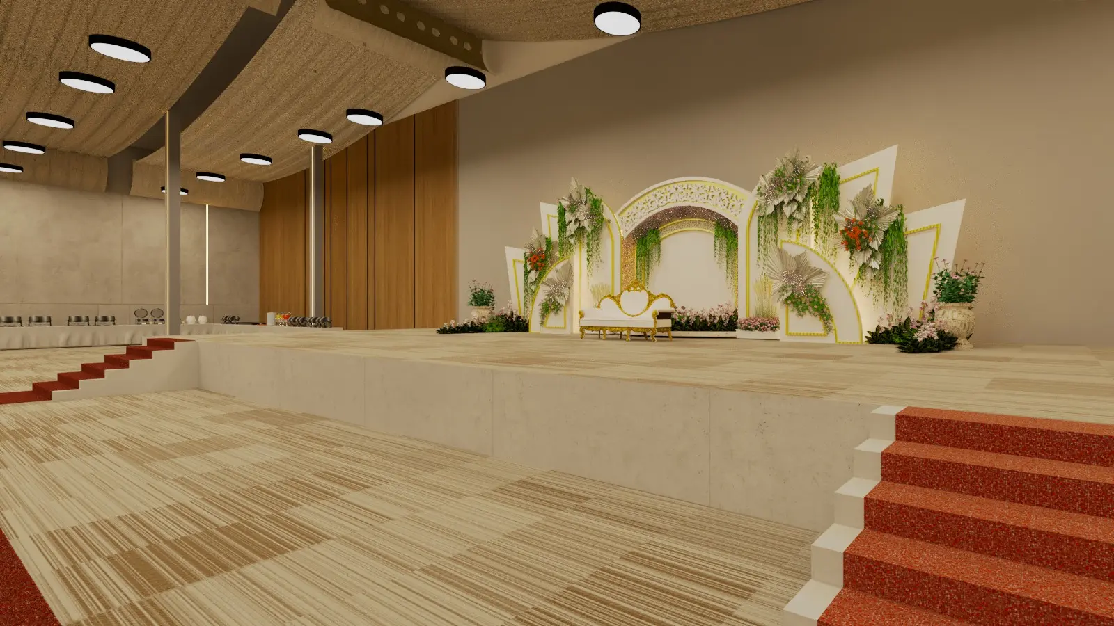 Wedding stage with floral arch and red-carpet steps