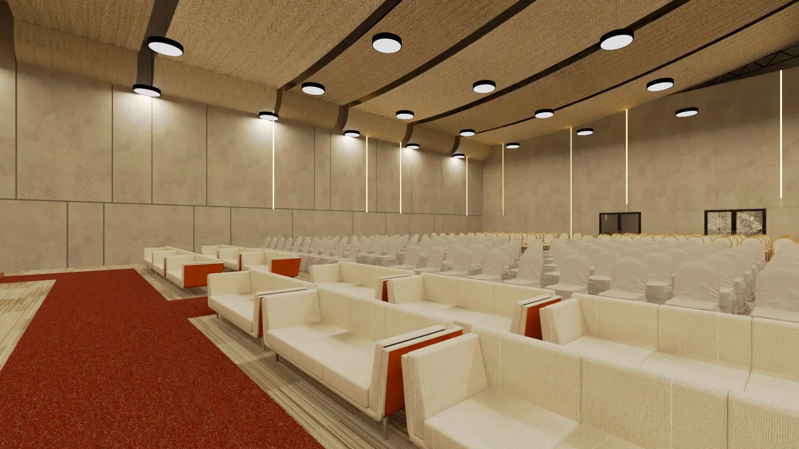 Lounge seating with white sofas in the hall