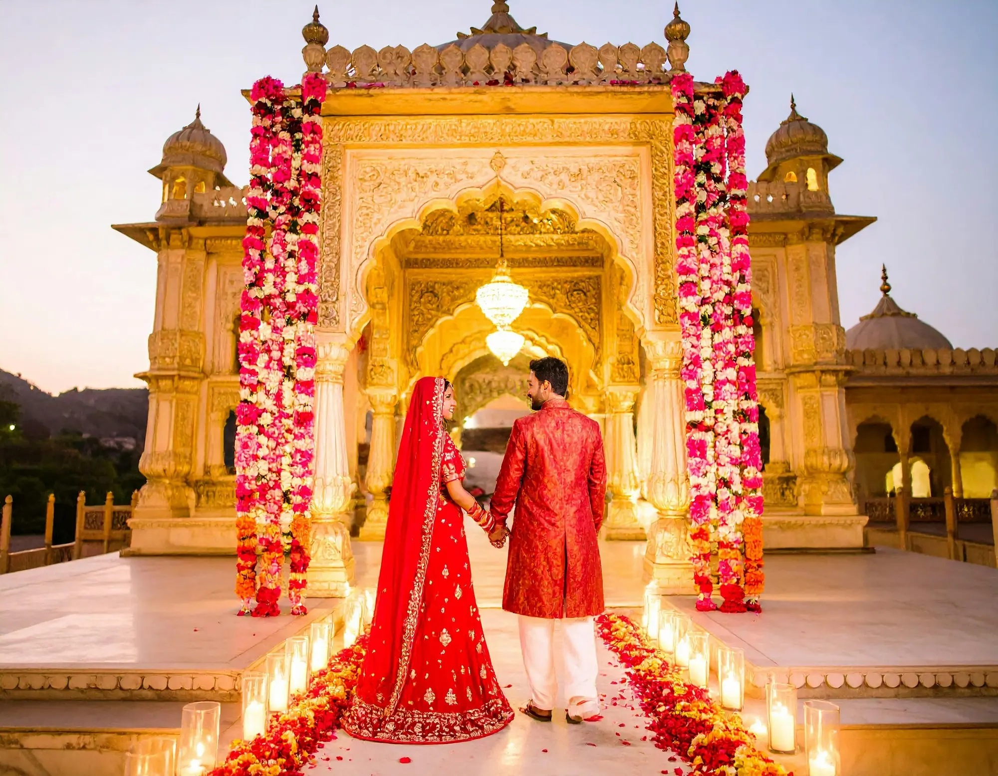 Couple holding hands under a marigold-draped palace archway